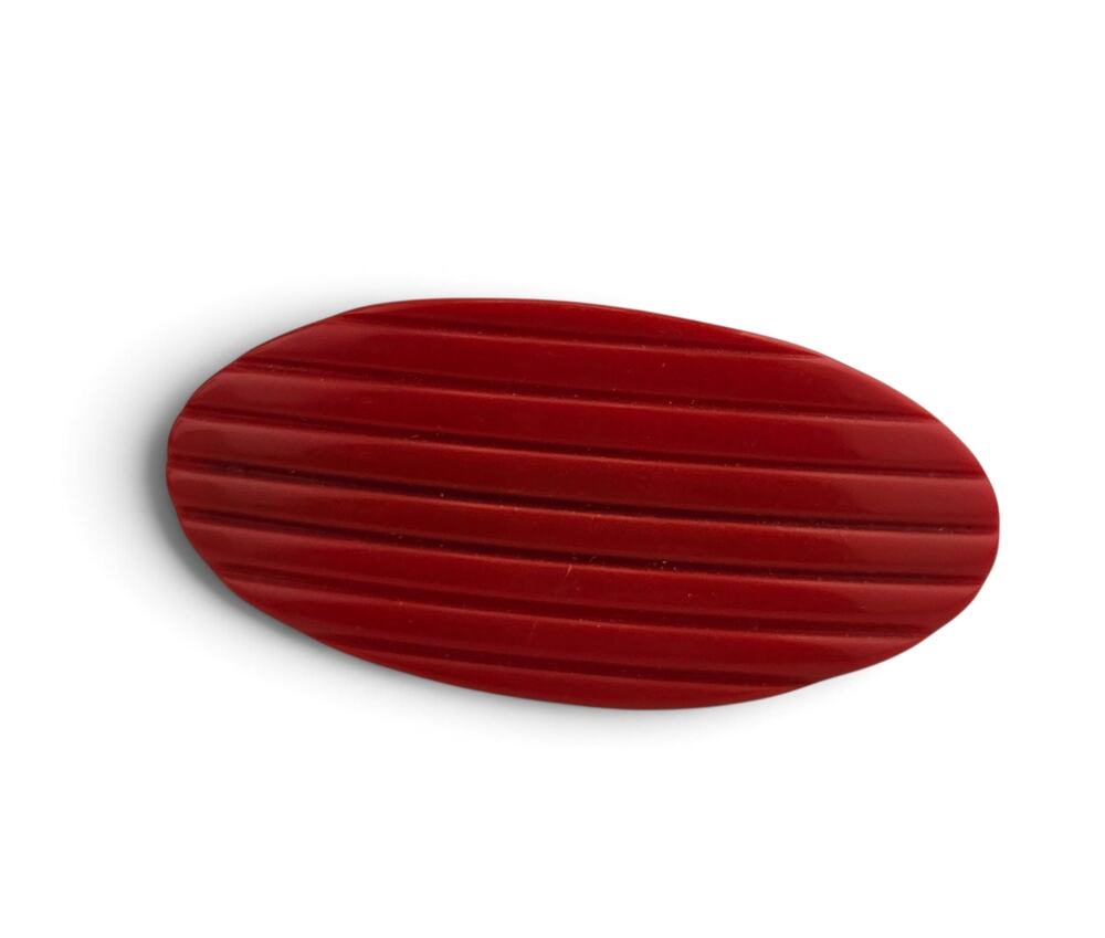 Vintage 1970s Red Ribbed Oval Hair Barrette Taiwan Mod Retro 3.5 Inch